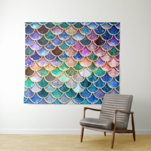 Aqua Roze Zeemeermin Glitter Scales- Zeemeermin Wandkleed