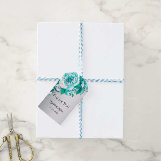 Aqua Rozen en Elegant Silver Bedankt Cadeaulabel (Met Touw)