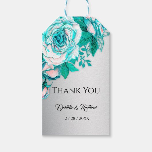Aqua Rozen en Elegant Silver Bedankt Cadeaulabel (Voorkant)