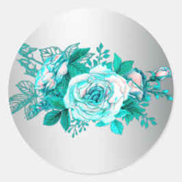 Aqua Rozen en Silver Wedding Ronde Sticker