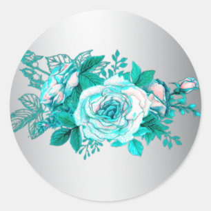 Aqua Rozen en Silver Wedding Ronde Sticker