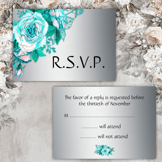 Aqua Rozen en Silver Wedding RSVP Kaartje
