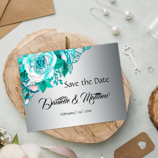 Aqua Rozen en Silver Wedding Save the Date Aankondigingskaart