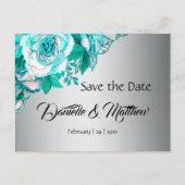 Aqua Rozen en Silver Wedding Save the Date Aankondigingskaart (Voorkant)