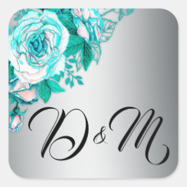 Aqua Rozen en Silver Wedding Vierkante Sticker