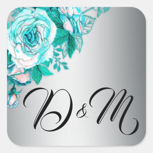 Aqua Rozen en Silver Wedding Vierkante Sticker (Voorkant)