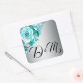 Aqua Rozen en Silver Wedding Vierkante Sticker (Envelop)