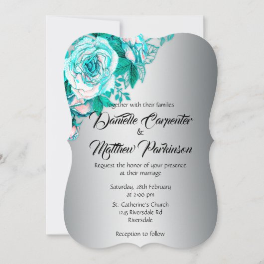 Aqua Rozen en Zilveren Elegantie Gebogen Bruiloft Kaart (Voorkant)