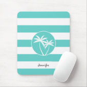 Aqua Rugby Stripes Tropical Palm Logo met naam Muismat (Met muis)