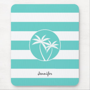 Aqua Rugby Stripes Tropical Palm Logo met naam Muismat