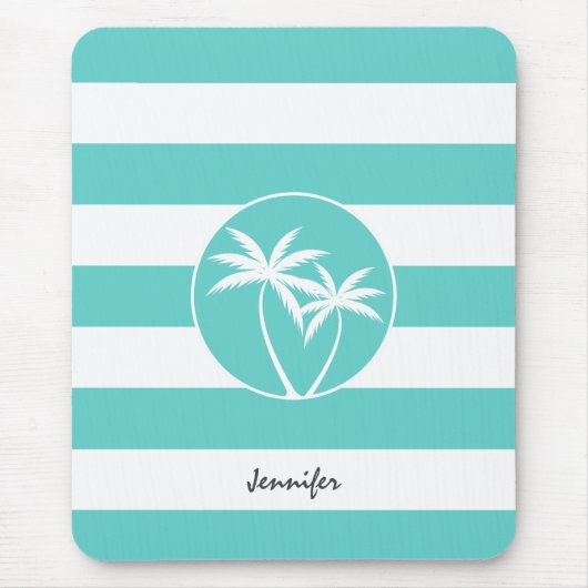Aqua Rugby Stripes Tropical Palm Logo met naam Muismat (Voorkant)