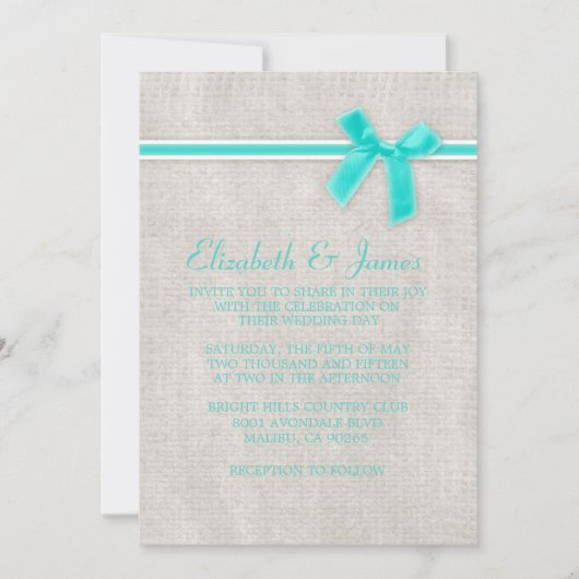 Aqua Rustic Burlap Wedding Invitations Kaart (Voorkant)