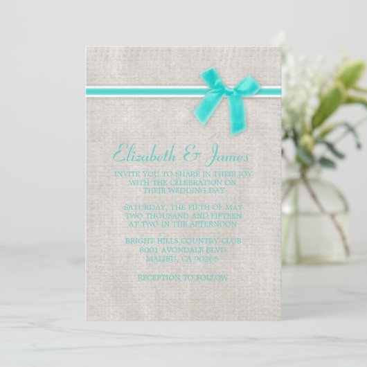 Aqua Rustic Burlap Wedding Invitations Kaart (Staand voorkant)