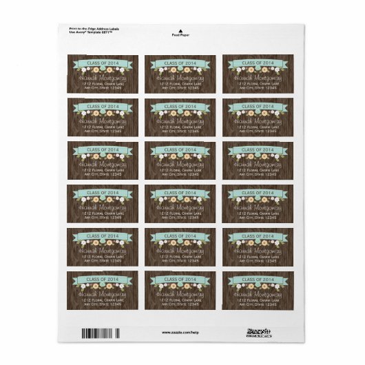 Aqua Rustic Floral Afstuderen retouradres Etiket (Full Sheet)