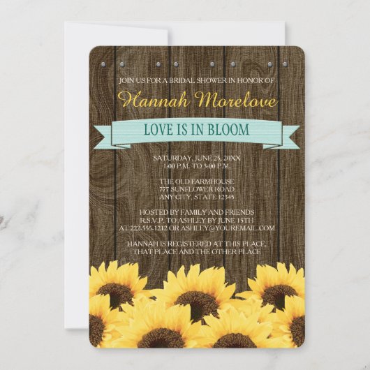 AQUA RUSTIC SUNFLOWER VRIJGEZELLENFEEST INVITE KAART (Voorkant)