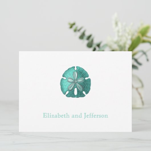 Aqua Sand Dollar Modern Wedding Uitnodiging (Staand voorkant)