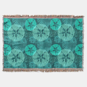 Aqua Sand Dollars Seashells Pattern on Dark Green Deken
