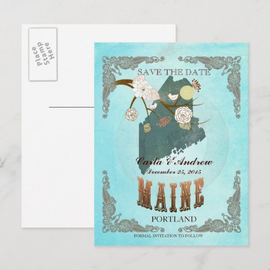 Aqua Save The Date - Maine kaart met prachtige vog (Voorkant / Achterkant)