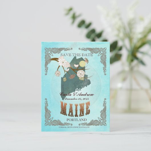 Aqua Save The Date - Maine kaart met prachtige vog (Staand voorkant)