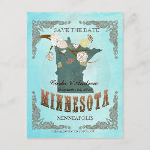 Aqua Save the Date - MN Map met Lovely Birds Aankondigingskaart