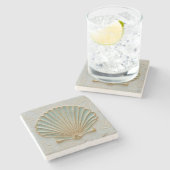 Aqua Scallop Shell Coastal Art Stenen Onderzetter (Zijkant)