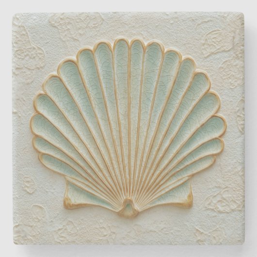 Aqua Scallop Shell Coastal Art Stenen Onderzetter (Voorkant)