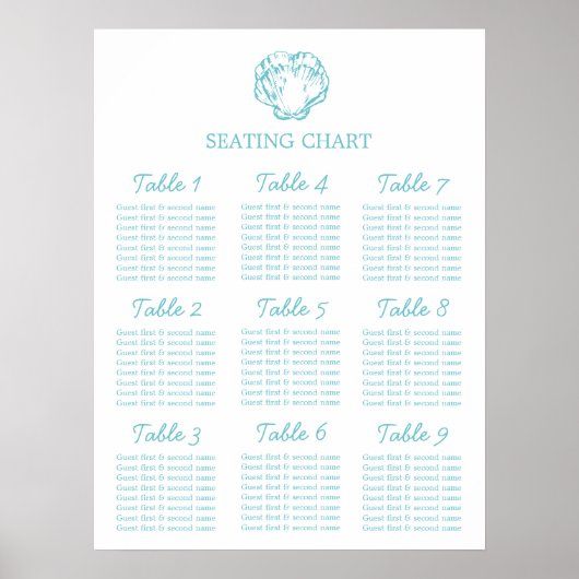 Aqua schelp Bruiloft Zitplaatsen Tafel Plan 1-9 Poster (Voorkant)