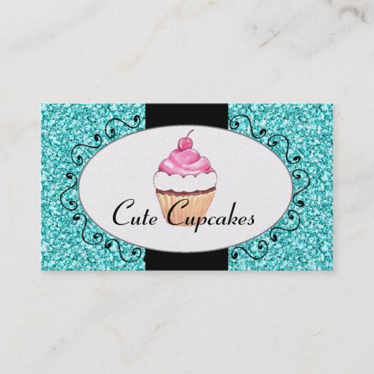 Aqua schittert Leuke Bakkerij Cupcake Visitekaartje (Voorkant)