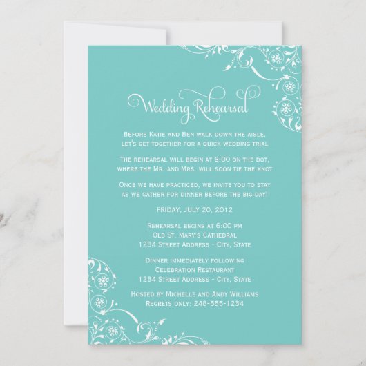  Aqua Scroll Wedding Rehearsal and Dinner Kaart (Voorkant)