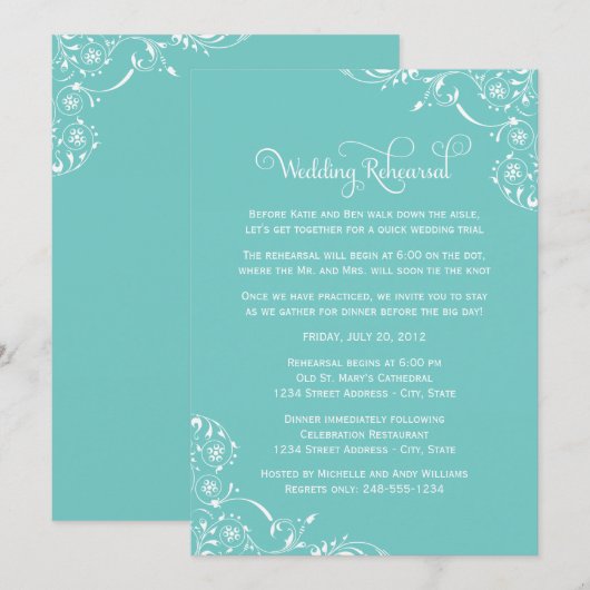 Aqua Scroll Wedding Rehearsal and Dinner Kaart (Voorkant / Achterkant)
