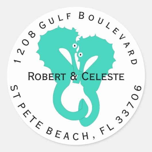 Aqua Seahorses Nautisch retouradres Ronde Sticker (Voorkant)