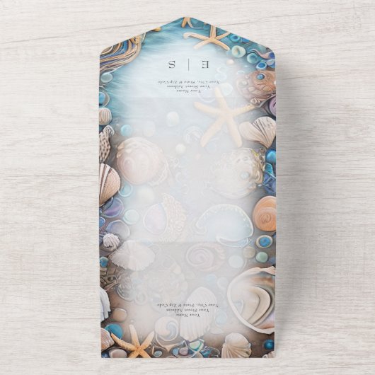 Aqua Seashell Rustic Beach No Dinner All In One Uitnodiging (Buitenkant)