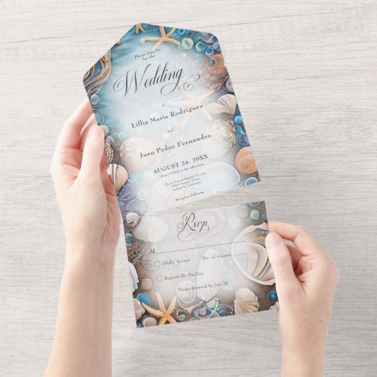 Aqua Seashell Rustic Beach No Dinner All In One Uitnodiging (Afscheurbaar)