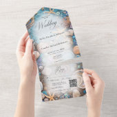 Aqua Seashell Rustic Beach QR-code All In One Uitnodiging (Afscheurbaar)