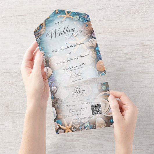 Aqua Seashell Rustic Beach QR-code All In One Uitnodiging (Afscheurbaar)