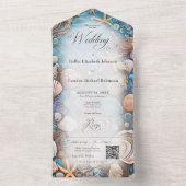 Aqua Seashell Rustic Beach QR-code All In One Uitnodiging (Binnen)