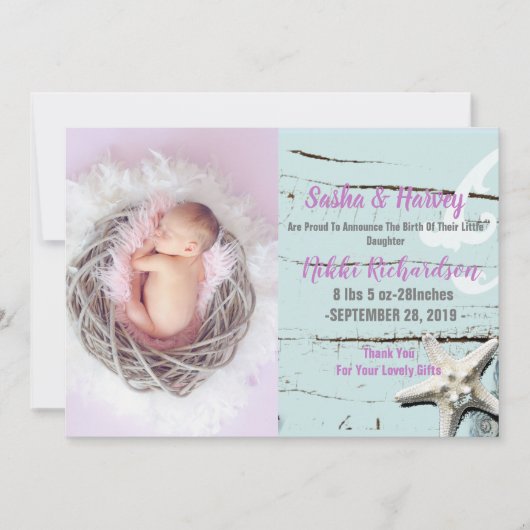 aqua seishell strand Baby Geboorteaankondiging fot Aankondiging (Voorkant)