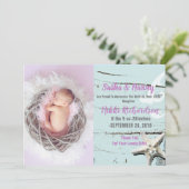 aqua seishell strand Baby Geboorteaankondiging fot Aankondiging (Staand voorkant)