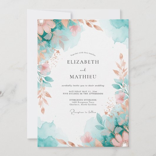 Aqua Serene Botanische Bruiloft Kaart (Voorkant)