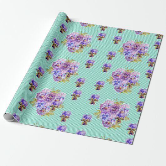 Aqua Shabby Chic Pansy bloemen floreren Wrappen Cadeaupapier (Uitgerold)