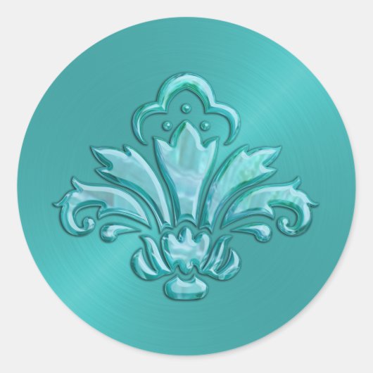 Aqua Sheen Fleur de Lis Envelope Seal Ronde Sticker (Voorkant)
