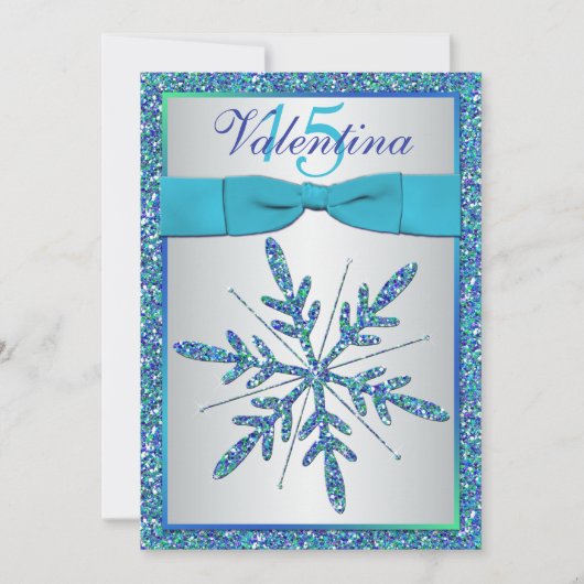 Aqua, Silver, Blue Snowflake Quinceanera Invite Kaart (Voorkant)