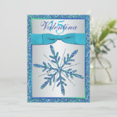 Aqua, Silver, Blue Snowflake Quinceanera Invite Kaart (Staand voorkant)