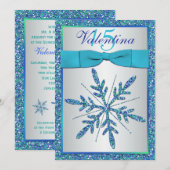 Aqua, Silver, Blue Snowflake Quinceanera Invite Kaart (Voorkant / Achterkant)