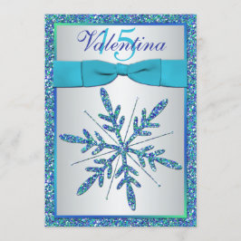 Aqua, Silver, Blue Snowflake Quinceanera Invite Kaart