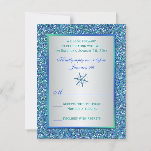 Aqua, Silver, Blue Snowflake RSVP-kaart RSVP Kaartje (Achterkant)