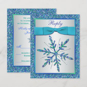 Aqua, Silver, Blue Snowflake RSVP-kaart RSVP Kaartje (Voorkant / Achterkant)