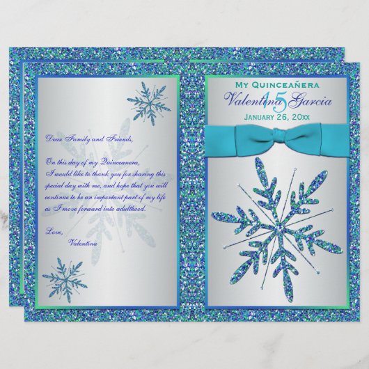 Aqua Silver Blue Snowflakes Quinceañera-programma (Voorkant / Achterkant)