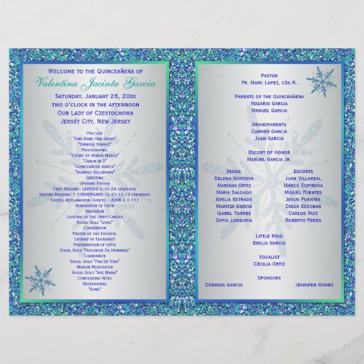 Aqua Silver Blue Snowflakes Quinceañera-programma (Achterkant)