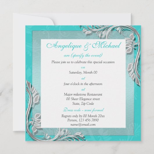 Aqua Silver bruiloft verloving Kaart (Achterkant)